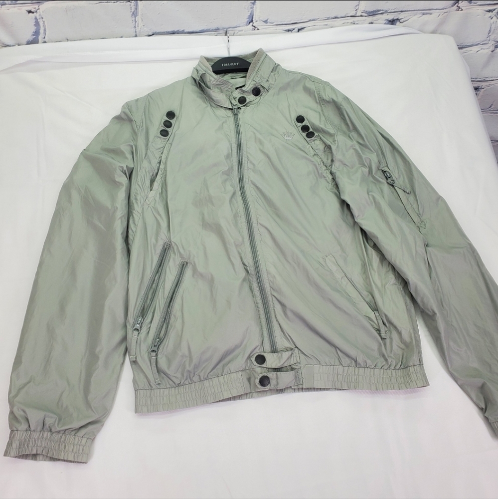 Junk De Luxe Men's Windbreaker Jacket Bomber Gray Silver 100% Nylon Size Large - Picture 4 of 9